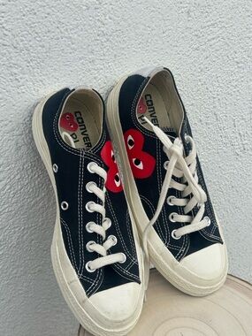 Converse Black Canvas Low-Top Sneakers with Red Heart Graphic